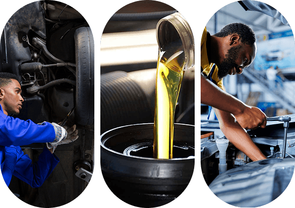 A three-part collage showing car maintenance: a mechanic working under a car, fresh engine oil being poured, and a mechanic working on an engine bay